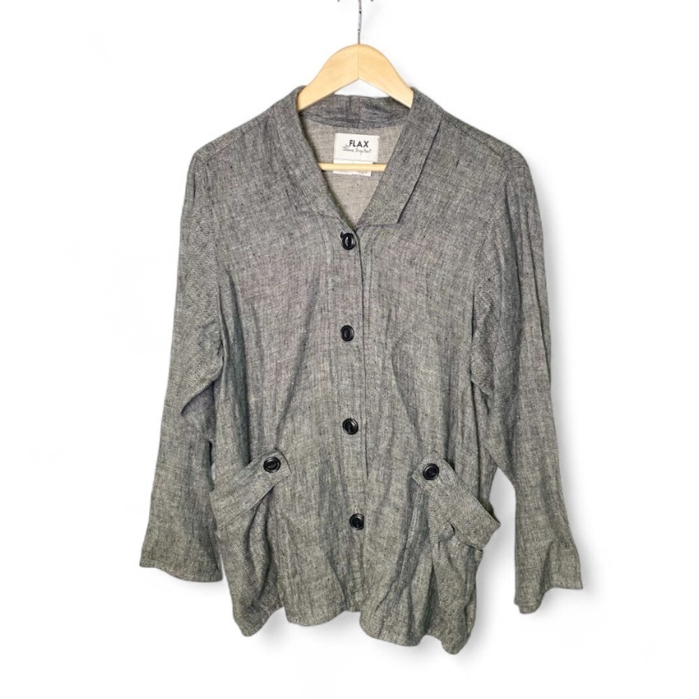 FLAX Black 100% Linen Jacket Tunic Womens Small Oversize Lagenlook Button Blazer